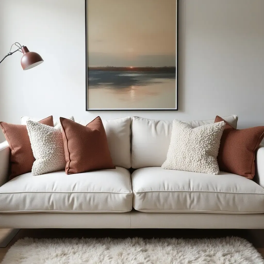 a photo of a chic teen room with textured throw pillows on a sleek sofa