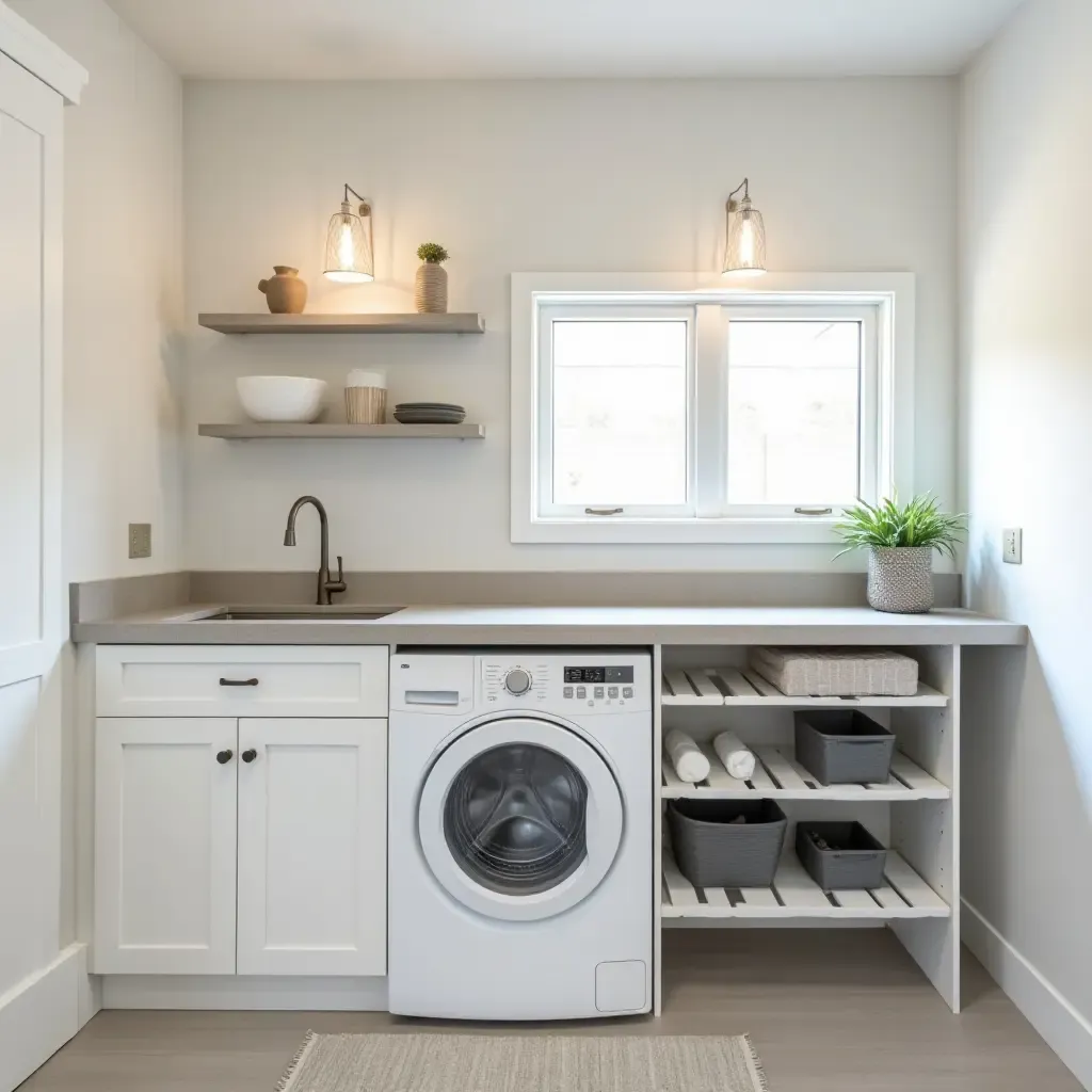 a photo of a modern laundry room utilizing under-sink storage