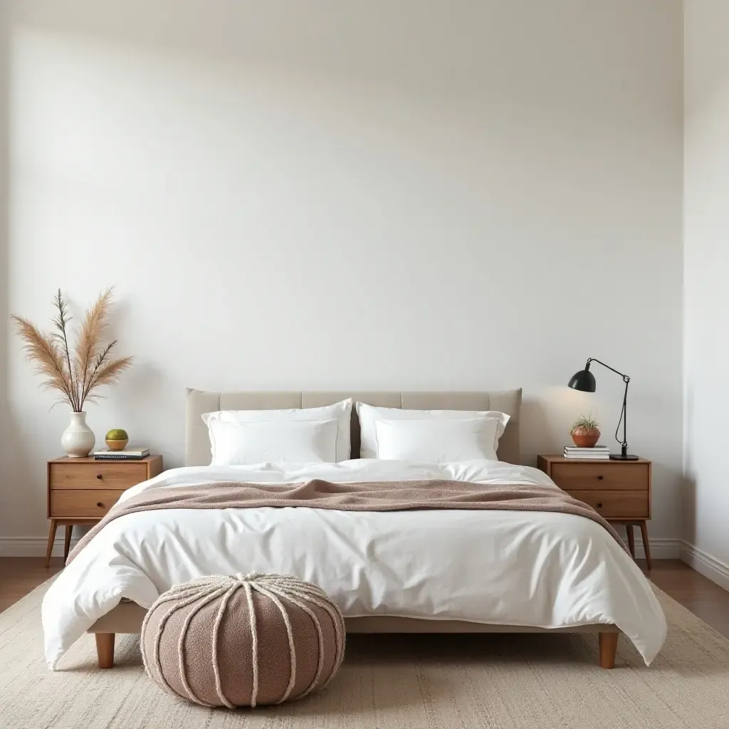 a photo of a minimalist bedroom featuring a bohemian-style pouf