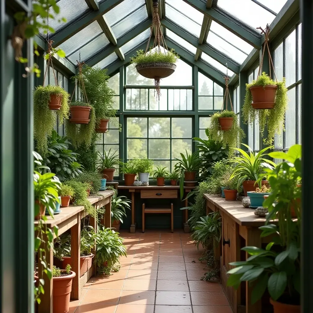 a photo of a basement greenhouse with hanging plants and whimsical garden decor