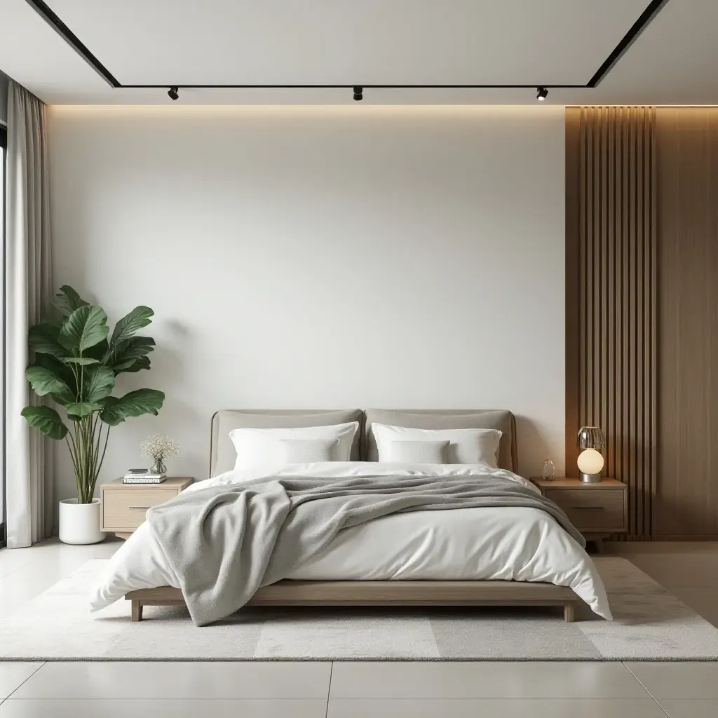 a photo of a modern bedroom with sleek planters and minimalistic design