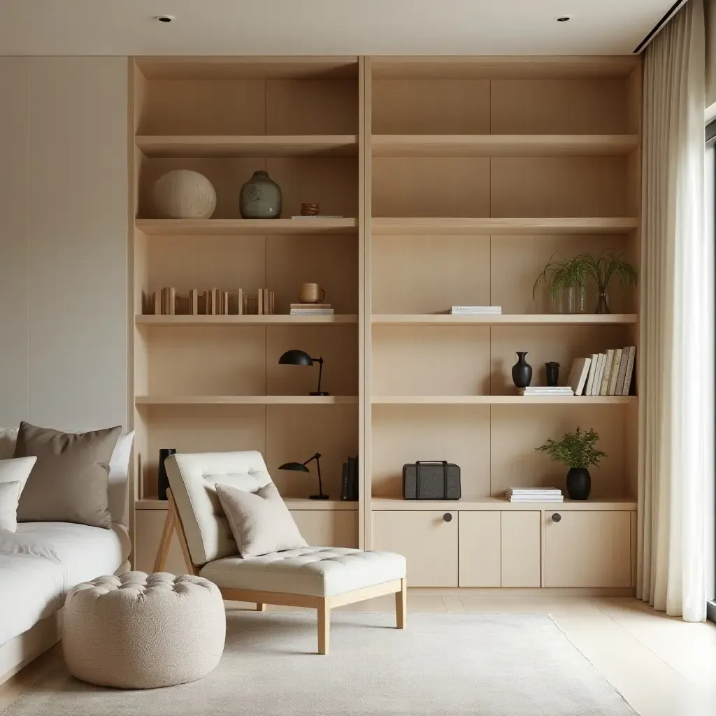 a photo of a minimalist library featuring light wood shelves and soft textiles