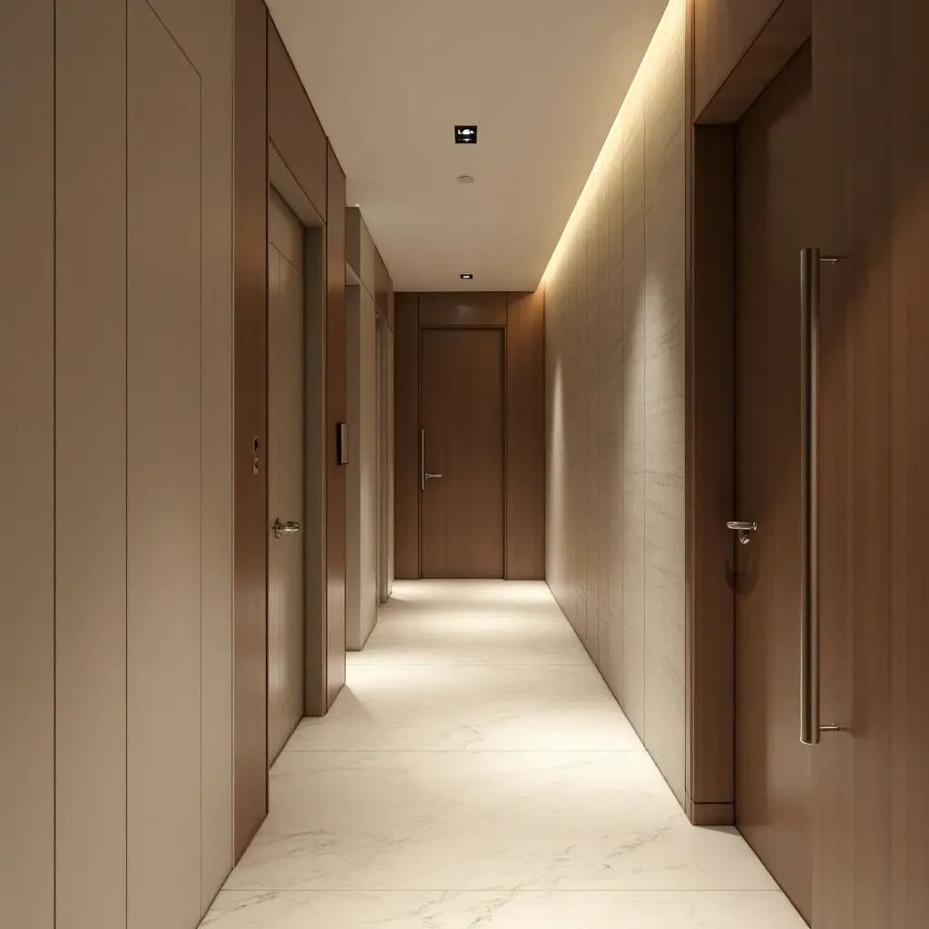 a photo of a contemporary corridor with a mix of textures and neutral colors