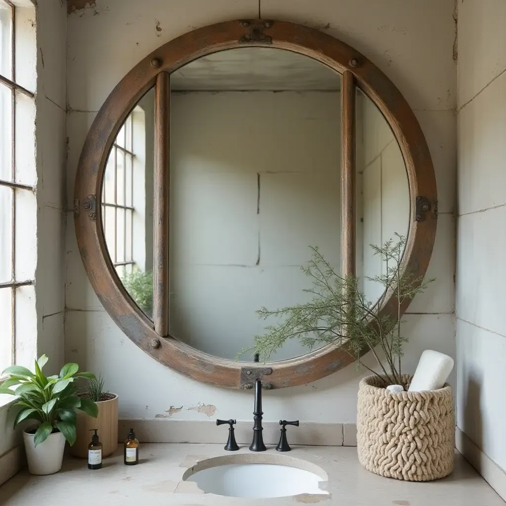 a photo of an old factory window turned into a bathroom mirror