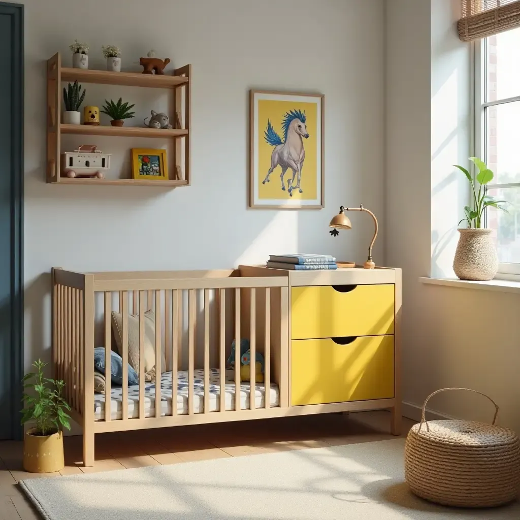 a photo of a nursery with industrial-style storage solutions and bright colors