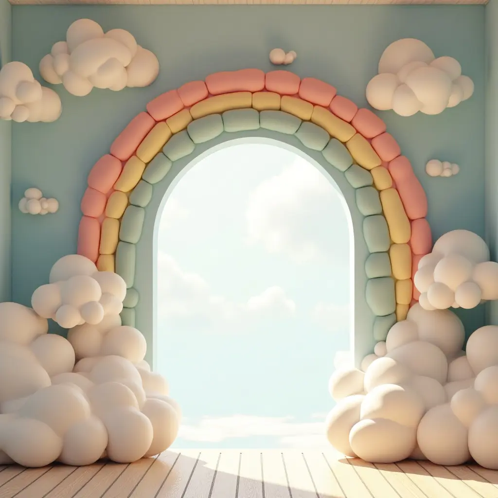 a photo of a whimsical entrance hall featuring floating clouds and a rainbow