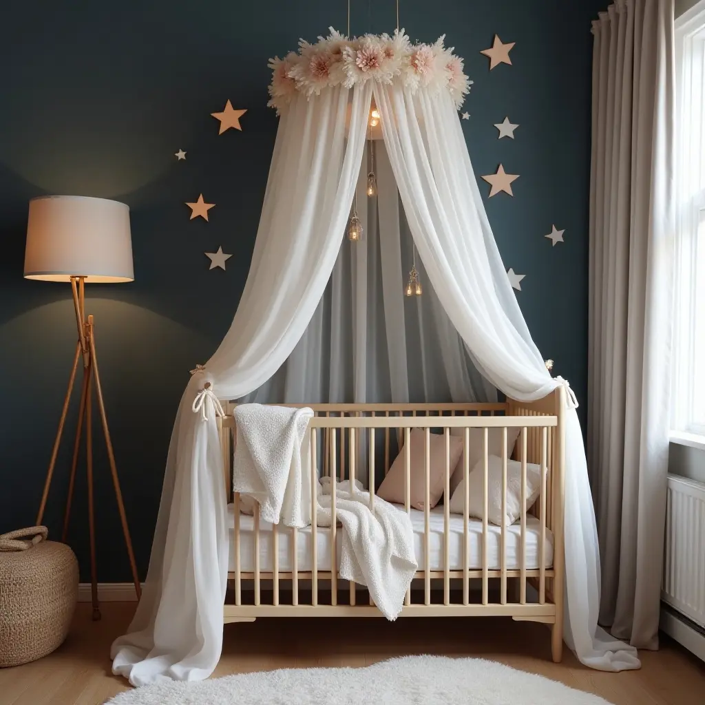 a photo of a fairy-tale nursery with a starry night canopy over a crib