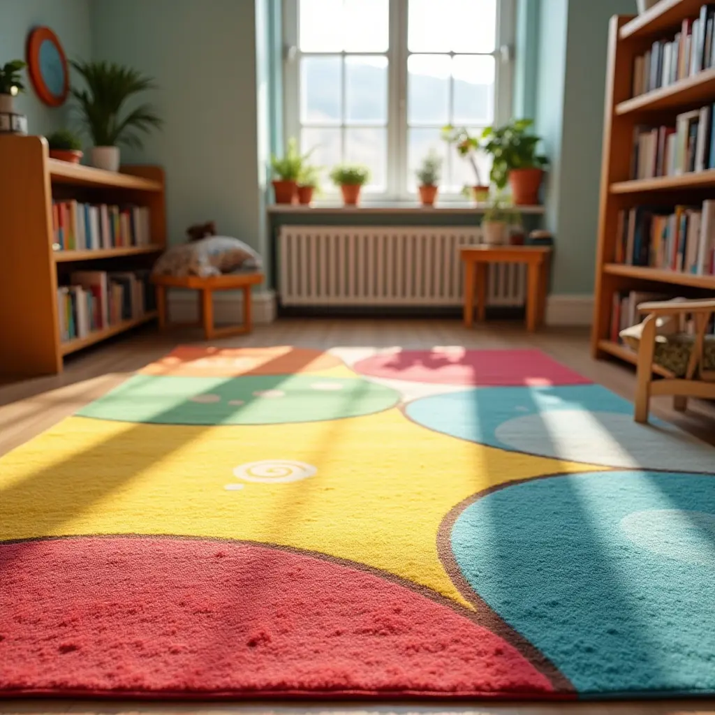 a photo of a bright, cheerful rug in a children's library space