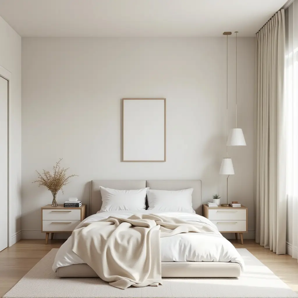 a photo of a minimalist teenage bedroom with a sleek design and neutral colors