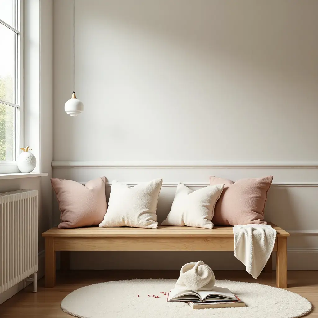 a photo of a cozy reading corner with a wooden bench in a child's room