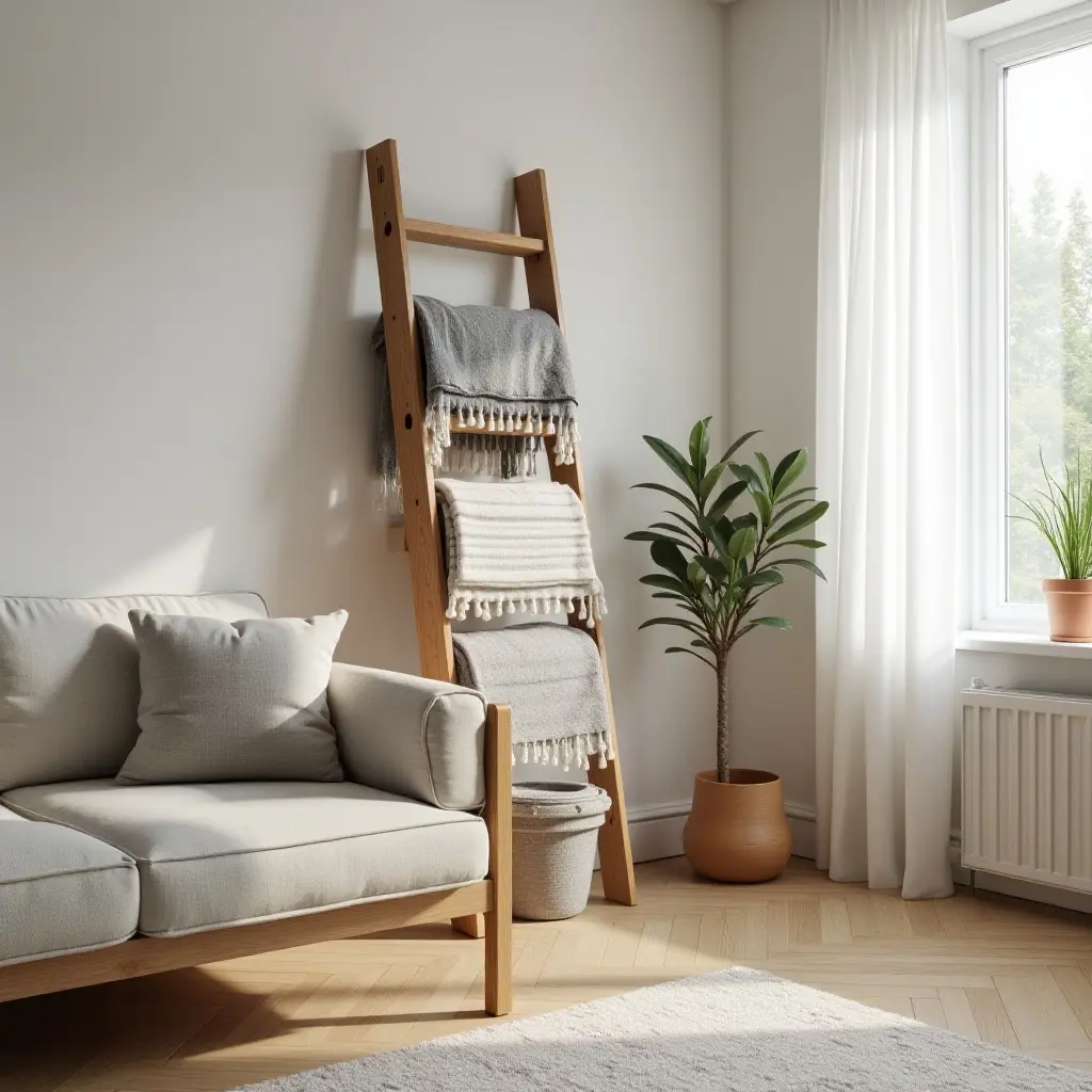 a photo of a living room with a decorative ladder for blanket storage