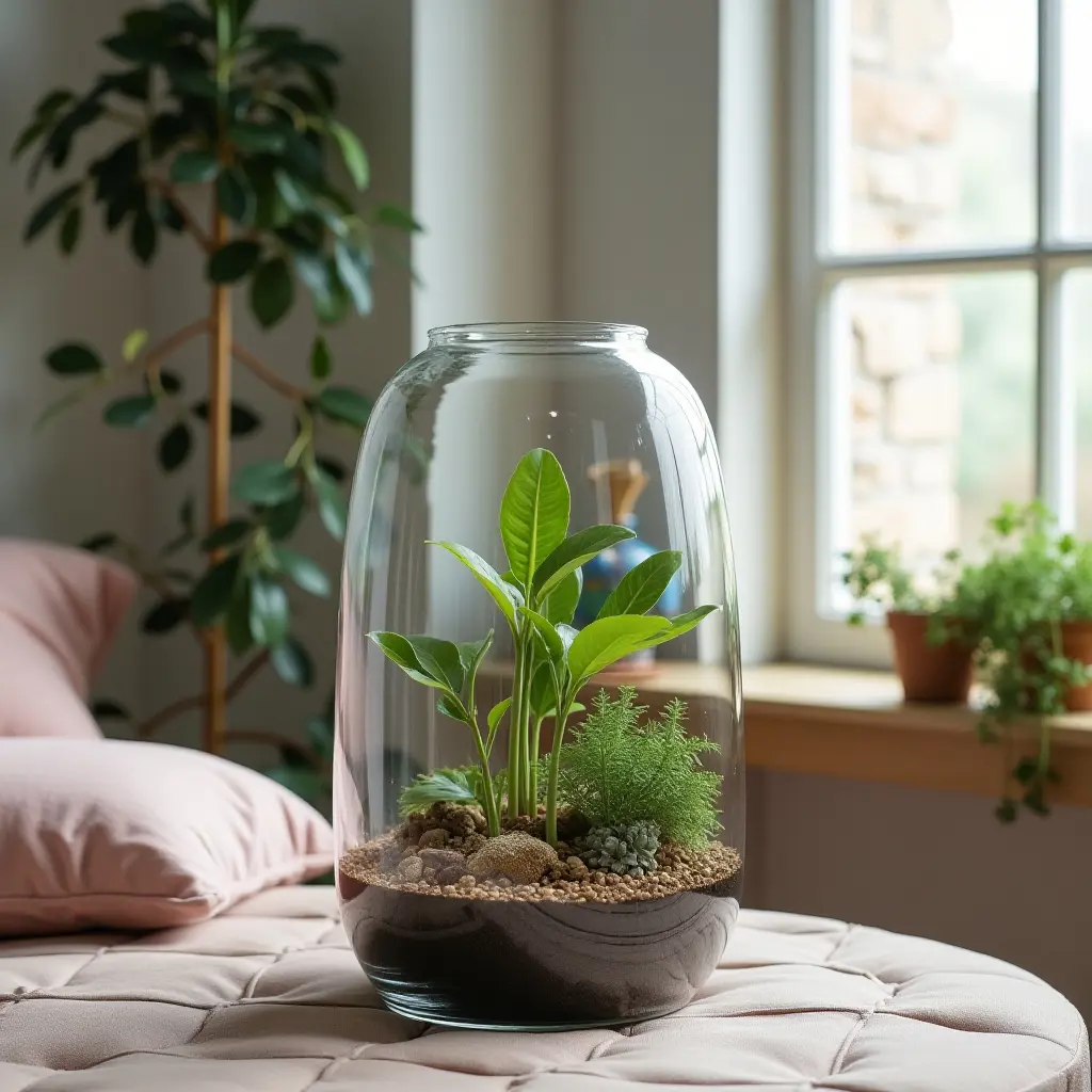 a photo of a teen's room with a terrarium centerpiece