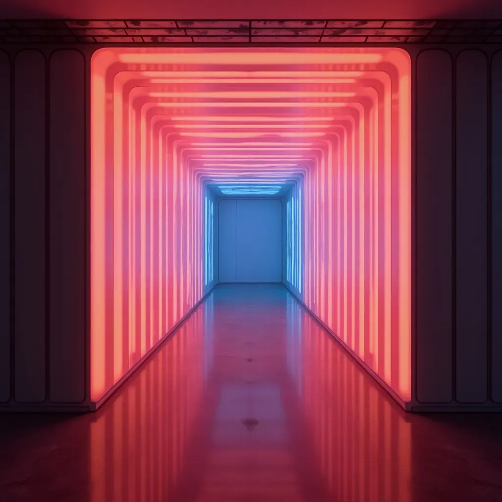 a photo of a color-changing LED panel in a futuristic entrance hall