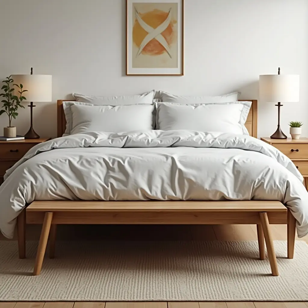 a photo of a wooden bench at the foot of a bed in a teen's room