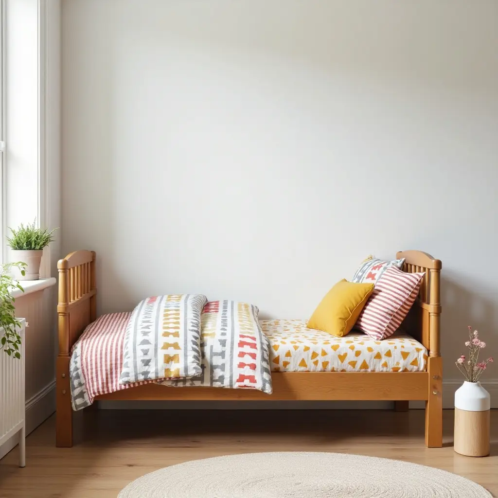 a photo of a modern kids' bedroom with vintage wooden bed and colorful bedding