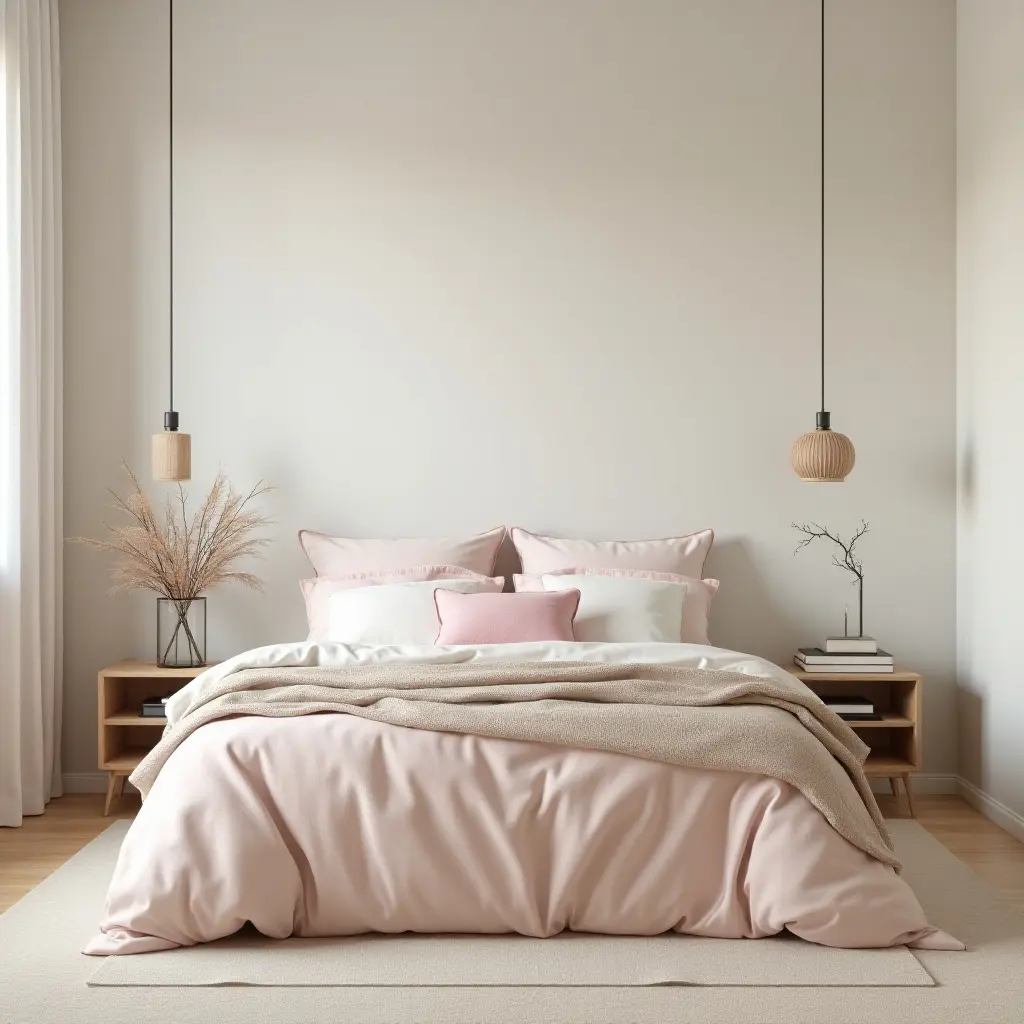 a photo of a calming bedroom with soft pastels and cozy textiles
