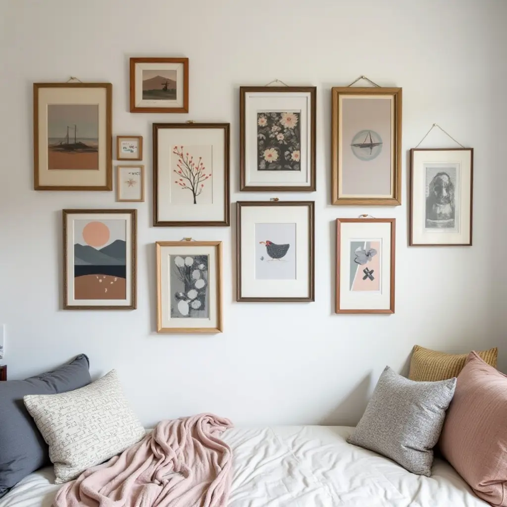 a photo of an eclectic gallery wall with mismatched frames and diverse art styles in a teen's room