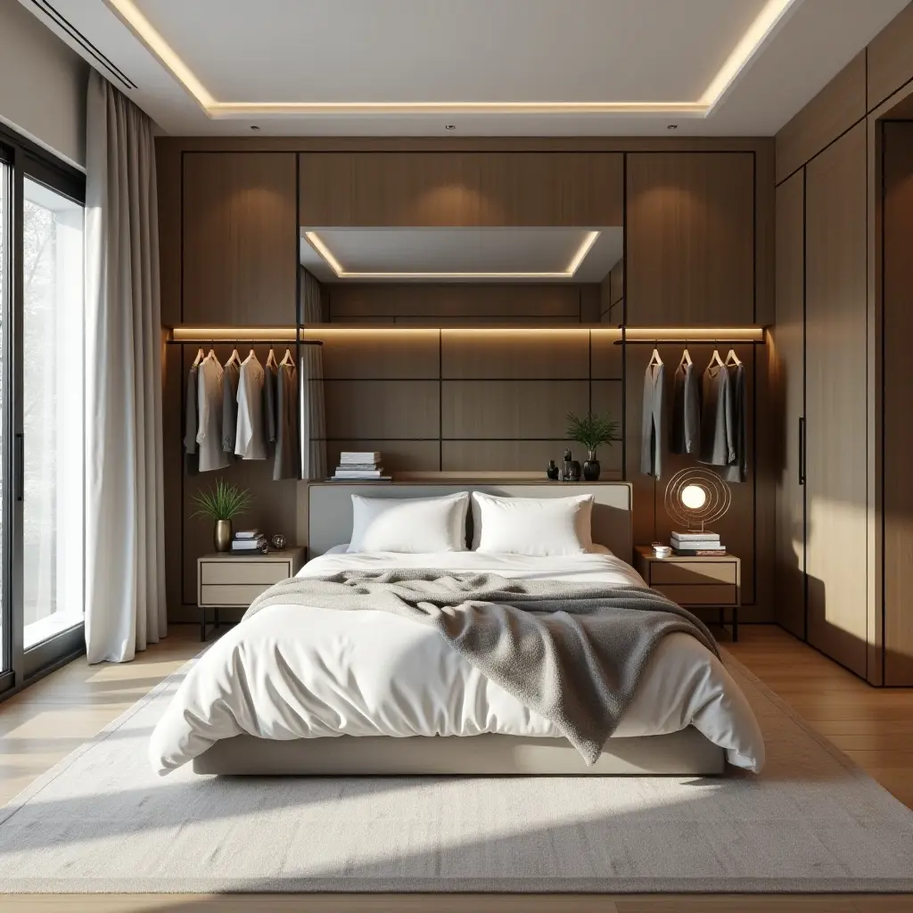 a photo of a fashion-forward bedroom with a stylish dressing area