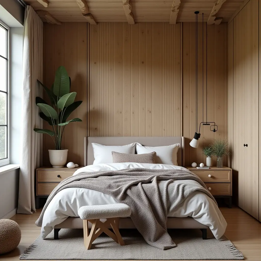 a photo of a teen bedroom with a creative mix of fabric, wood, and metal