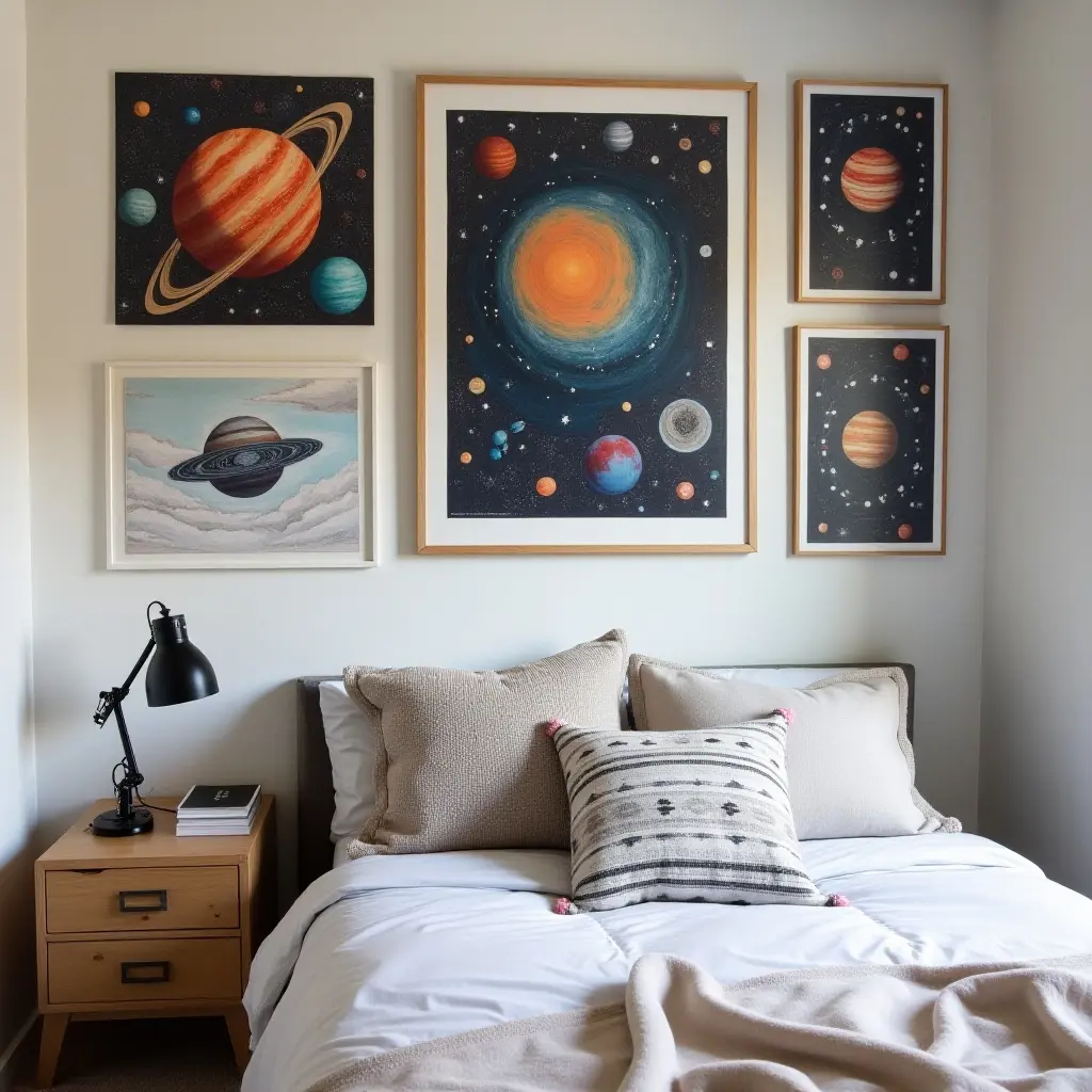 a photo of a science-themed gallery wall with space art and educational posters in a curious teen's room