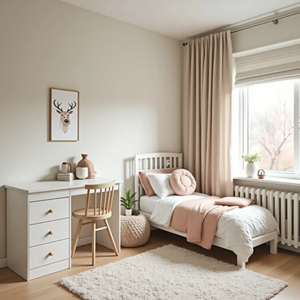 a photo of a small kids' bedroom with a foldable desk