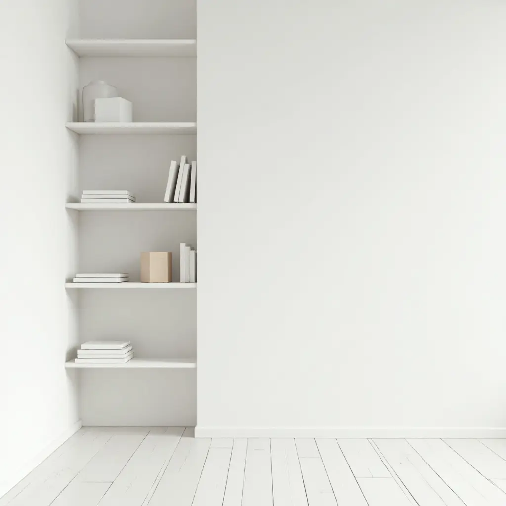 a photo of a serene space with white walls and a simple bookshelf