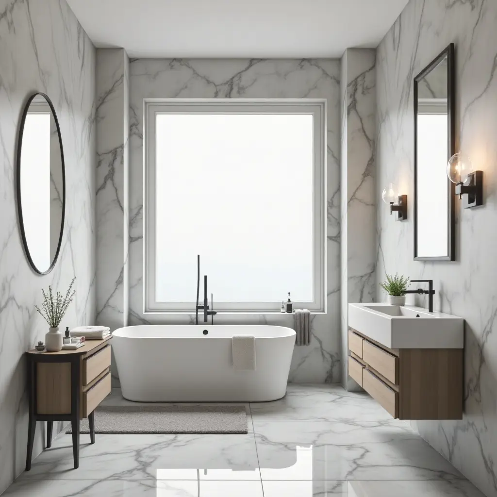 a photo of a chic Scandinavian bathroom with a combination of white and gray tones
