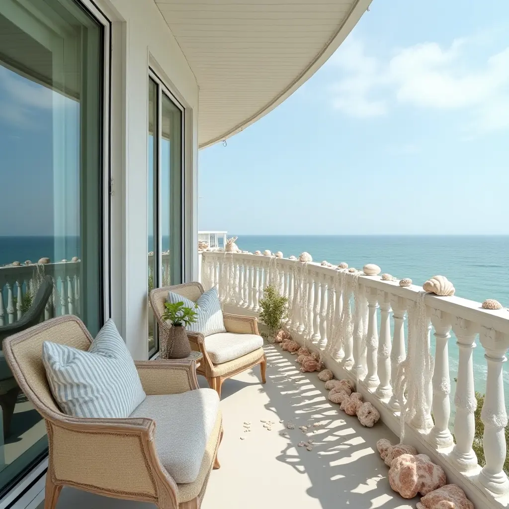 a photo of a balcony decorated with seashells and coastal-themed decor