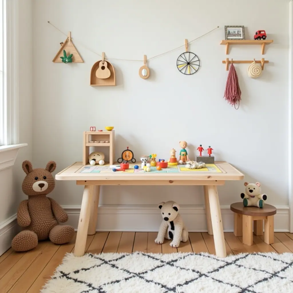 a photo of a creative kids' room featuring a vintage play table and modern toys