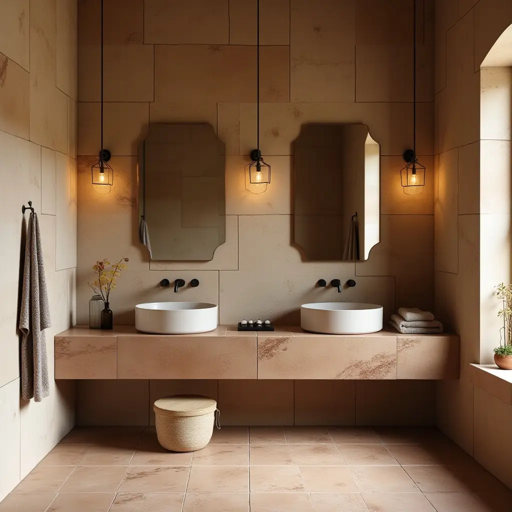 a photo of a rustic bathroom showcasing handmade ceramic tiles in earthy tones