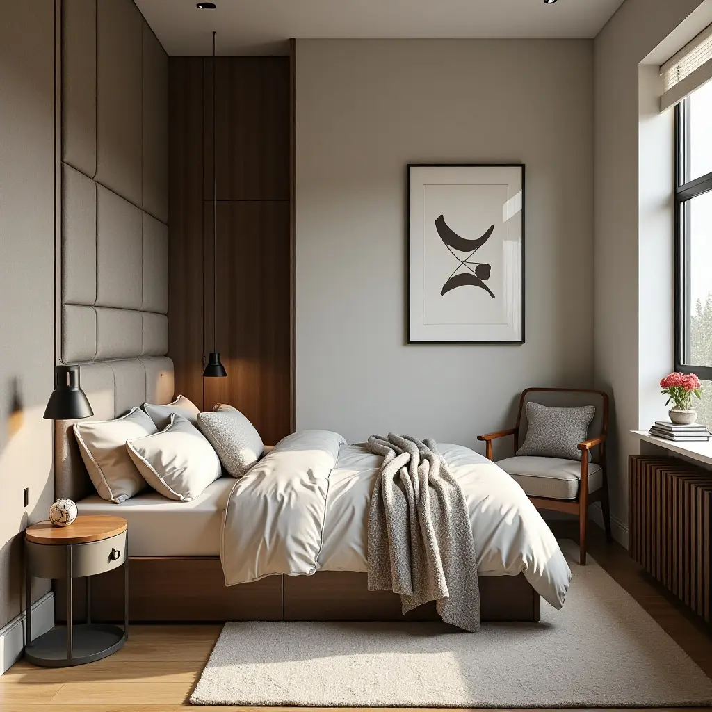 a photo of a stylish teen room showcasing a blend of fabric, wood, and metal