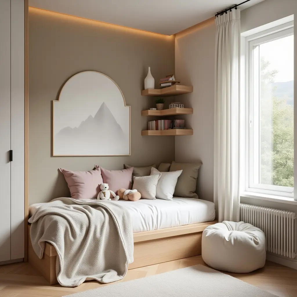 a photo of a compact kids' bedroom with a bean bag corner