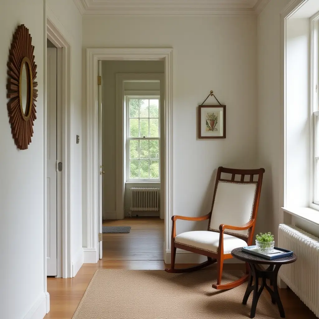 a photo of a vintage-inspired corridor with a rocking chair and decor