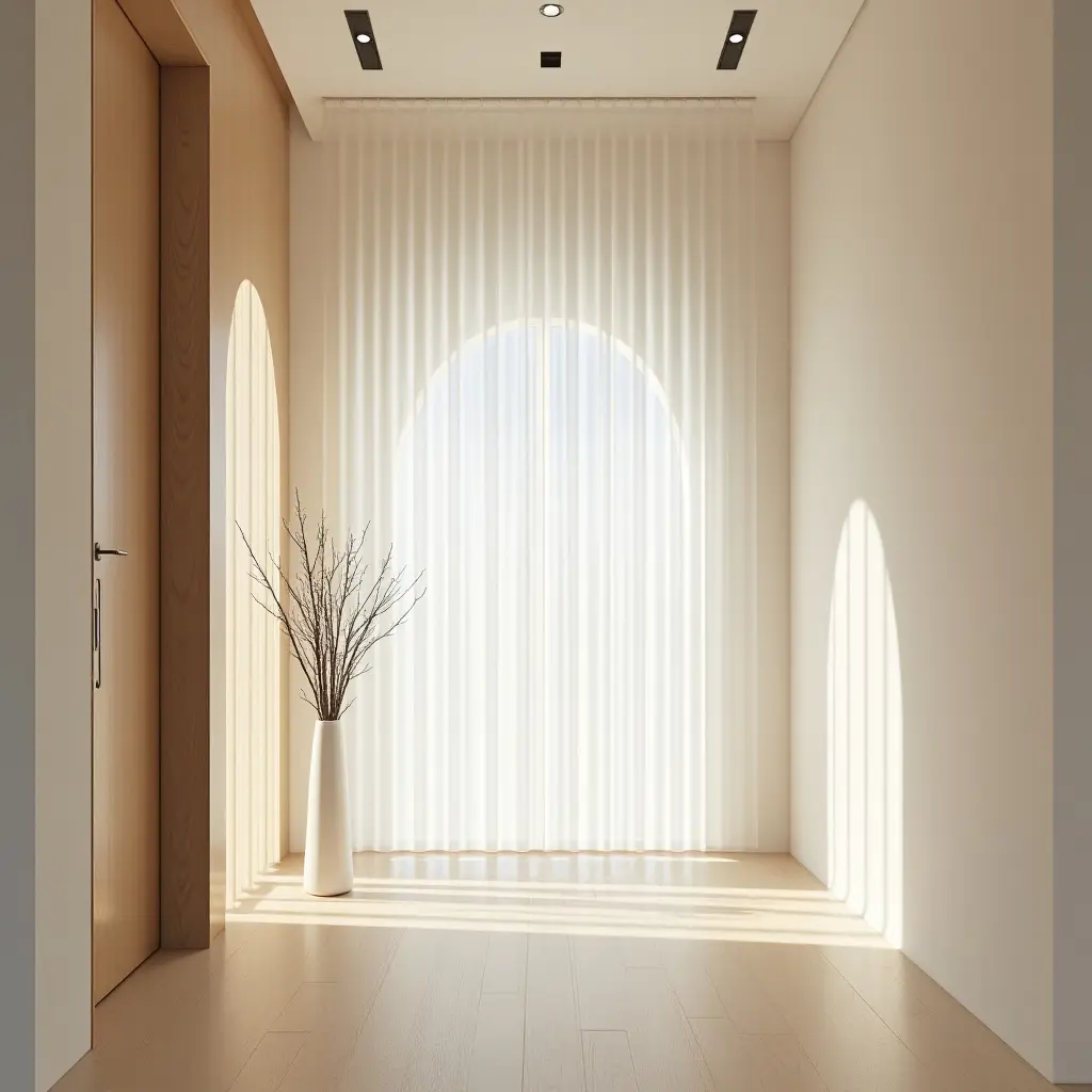 a photo of a bright entrance hall with sheer fabric, light wood, and matte metal elements