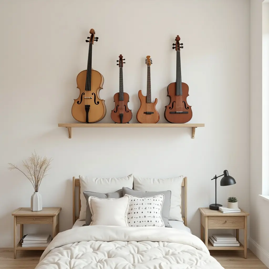 a photo of a musical instrument-themed shelf in a child's bedroom