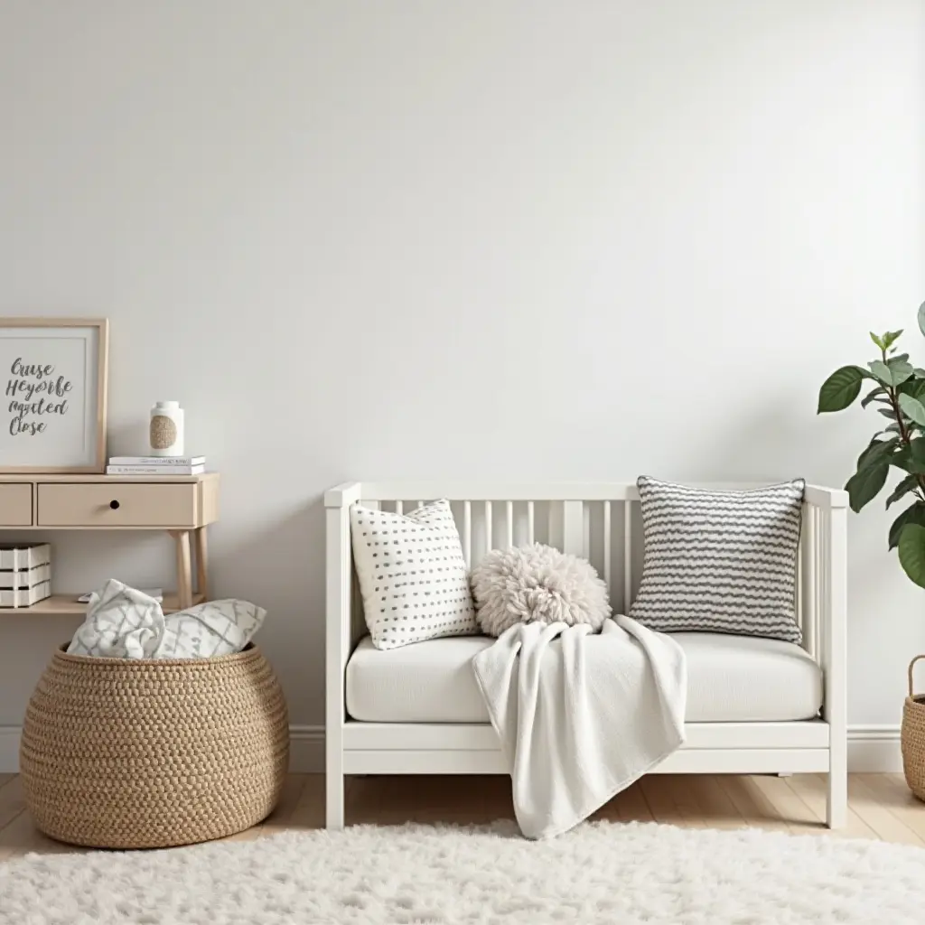 a photo of a nursery with throw pillows that enhance the room's theme