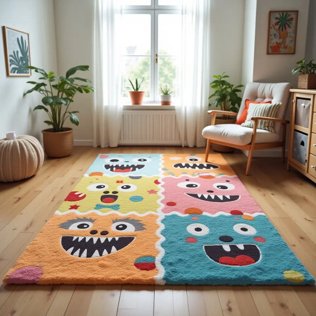 a photo of a cute monster-themed rug with bright colors for a child's room