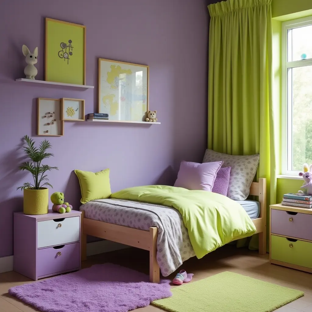 a photo of a playful lime green and purple color palette for a teen's room