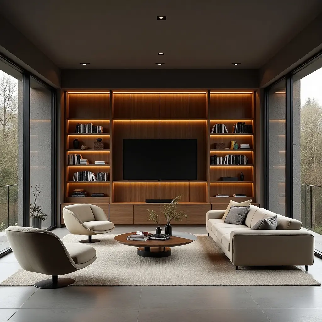 a photo of a sleek library featuring a glass wall and modern furniture