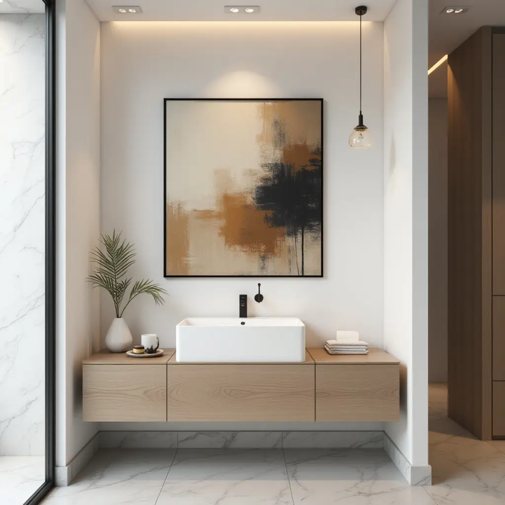 a photo of a chic, modern art piece above a bathroom vanity