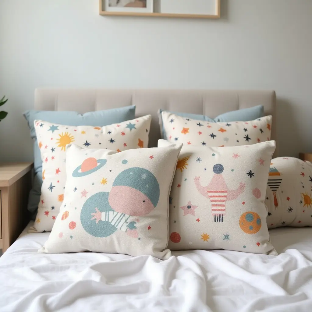 a photo of throw pillows with space themes in a toddler's room