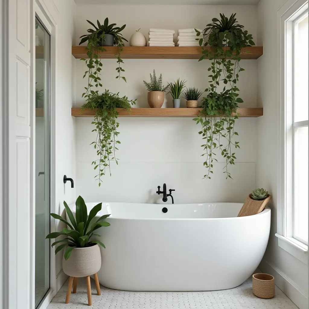 a photo of a compact bathroom featuring floating shelves and vibrant plants