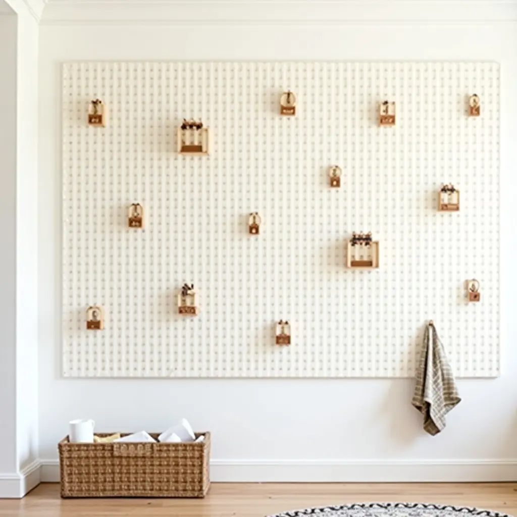 a photo of a stylish pegboard wall for kids' art and crafts