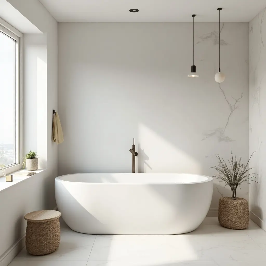 a photo of a modern Scandinavian bathroom with clean lines and a neutral palette