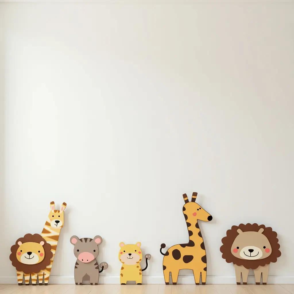 a photo of a cheerful kids' room with wooden animal wall art