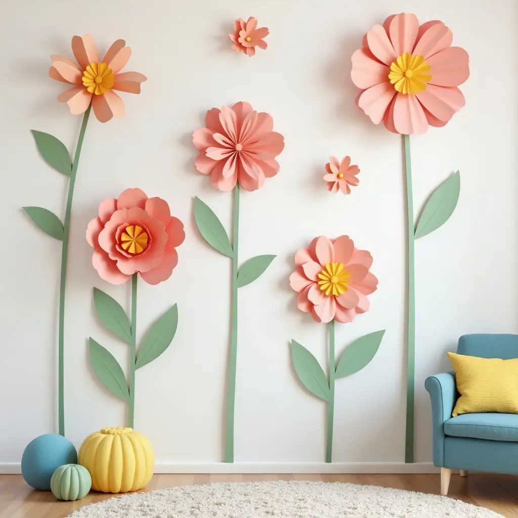 a photo of a wall decorated with 3D paper flowers for a cheerful teen's bedroom