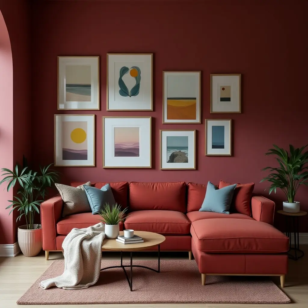 a photo of a maroon living room featuring a gallery wall of framed art and photographs