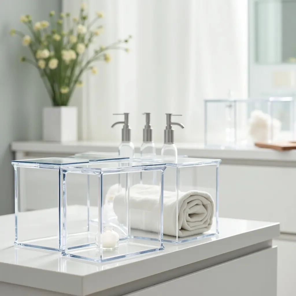 a photo of a bathroom with clear acrylic organizers on counters