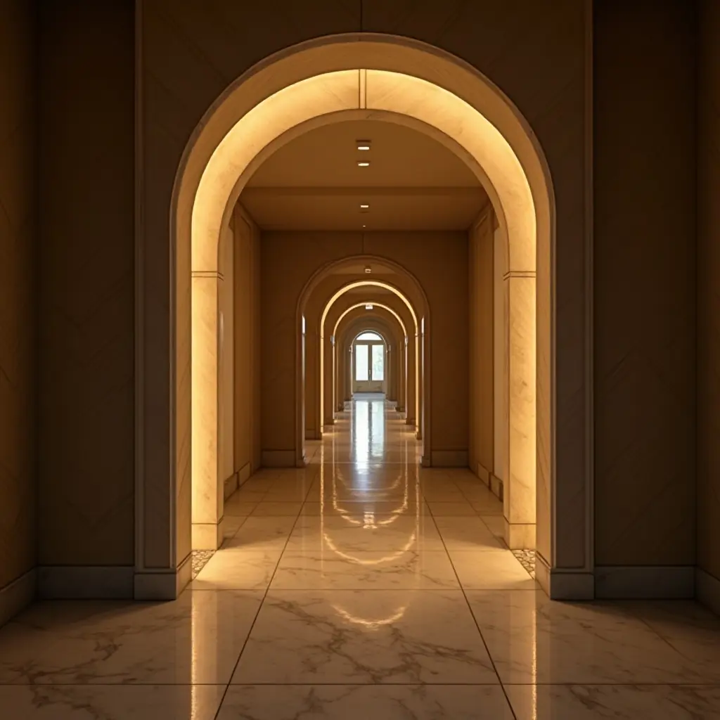 a photo of an entrance hall with a lighted archway creating an inviting entrance