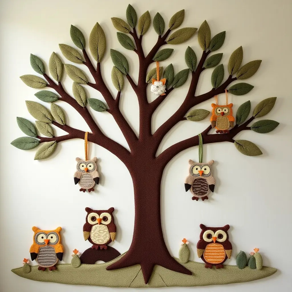 a photo of a whimsical tree rug with hanging owls for a nursery